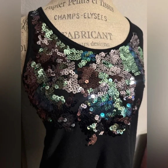 Express Small Black Green Silver Sequin Tank Top - Picture 9 of 14